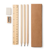 Wooden pencil set, with three pencils, ruler, eraser and sharpener.
