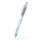 Double ended blue ball point pen with pink highlighter.